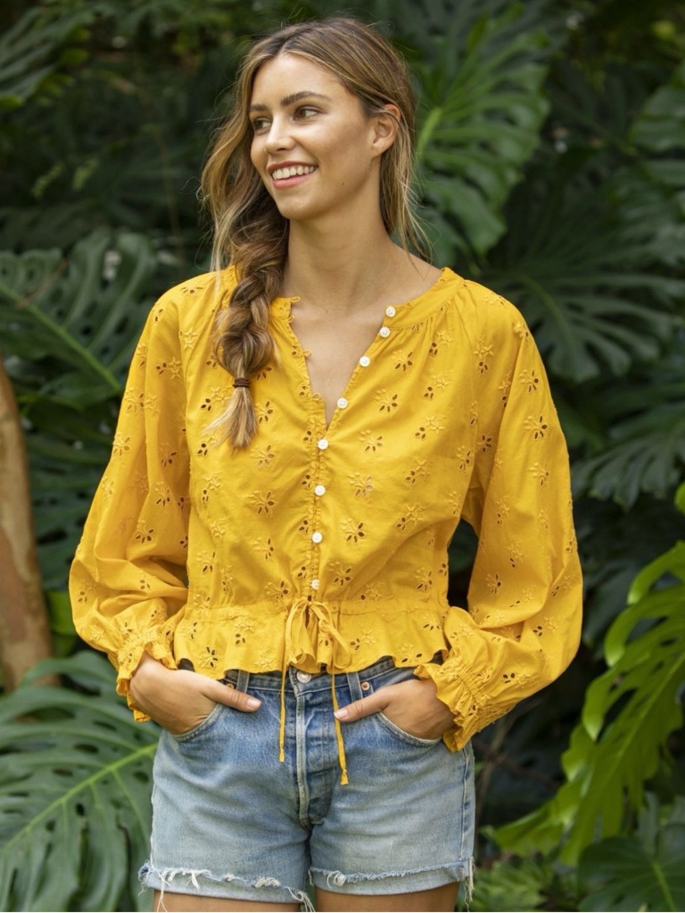 Outerknown Poet Blouse Yellow Eyelet Organic Cotton Peplum Top Size S NWT